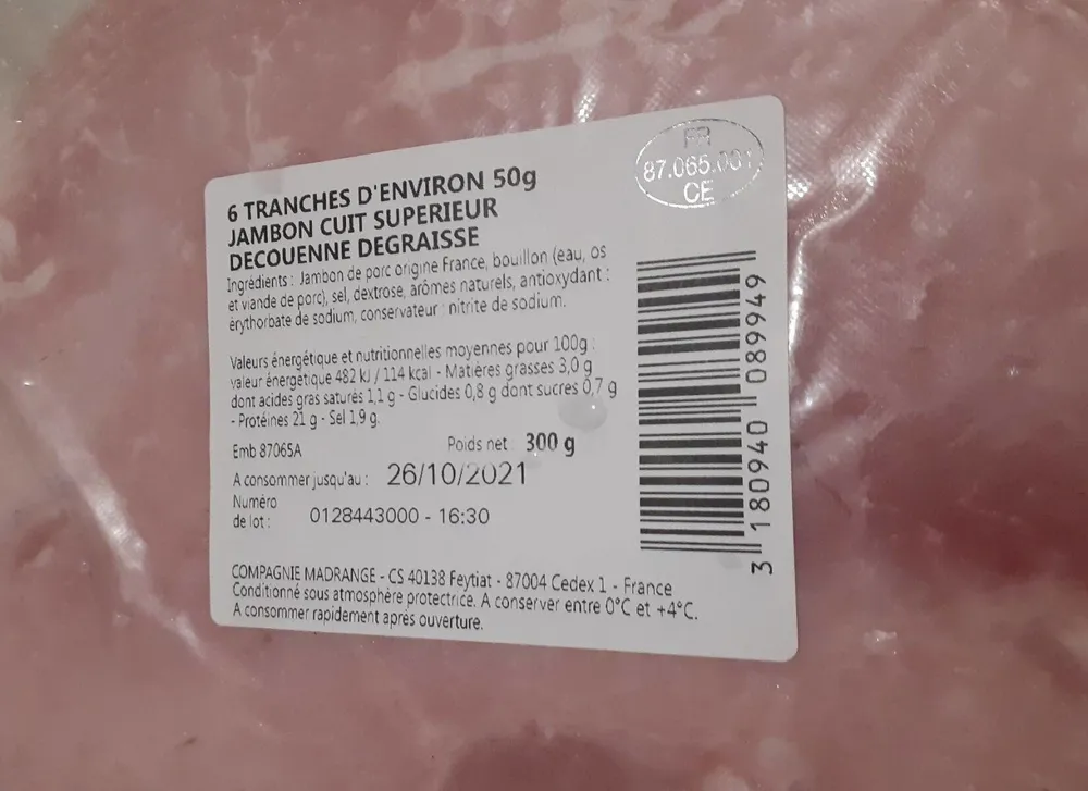 JAMBON CUIT SUPÉRIEUR DECOUENNE DÉGRAISSÉ