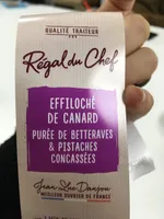 Effiloché de canard purée de betteraves et pistaches concassées