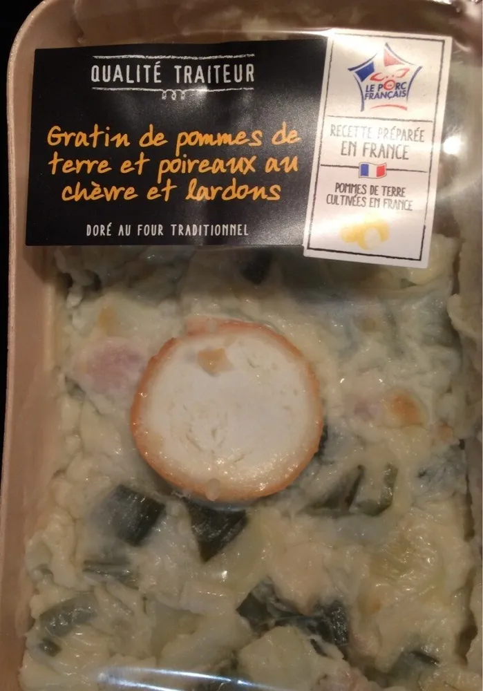 Gratin de pommes de terre et poireaux au chèvre et lardons