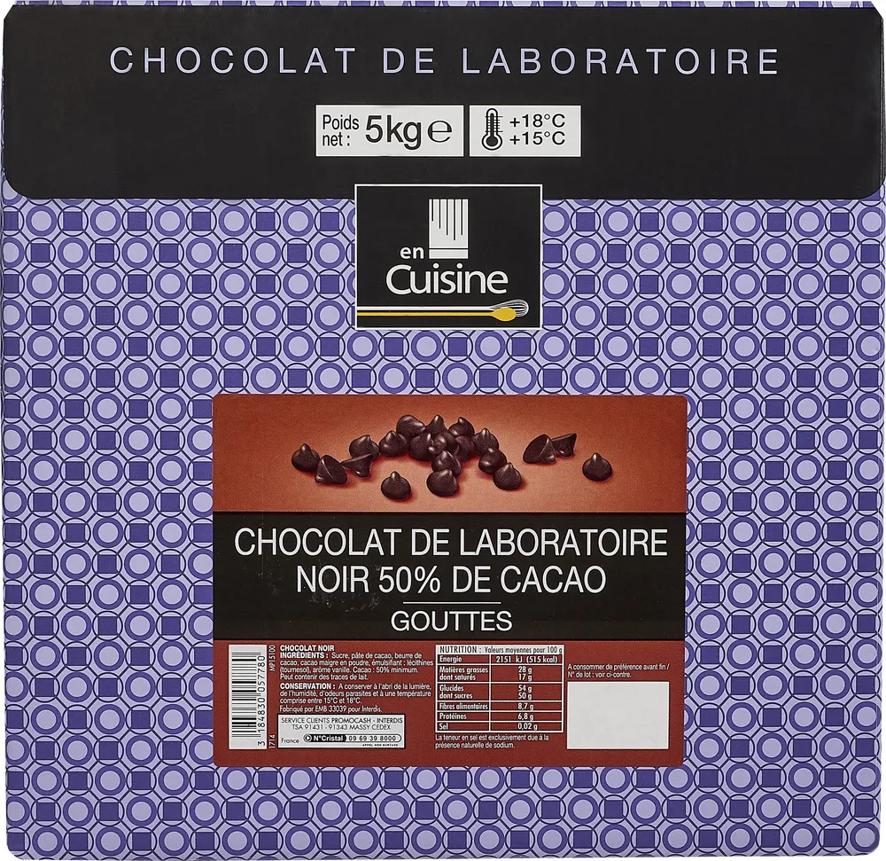 Chocolat de laboratoire noir 50% de cacao gouttes