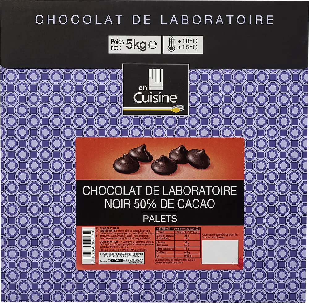 Chocolat de laboratoire noir 50% de cacao palets
