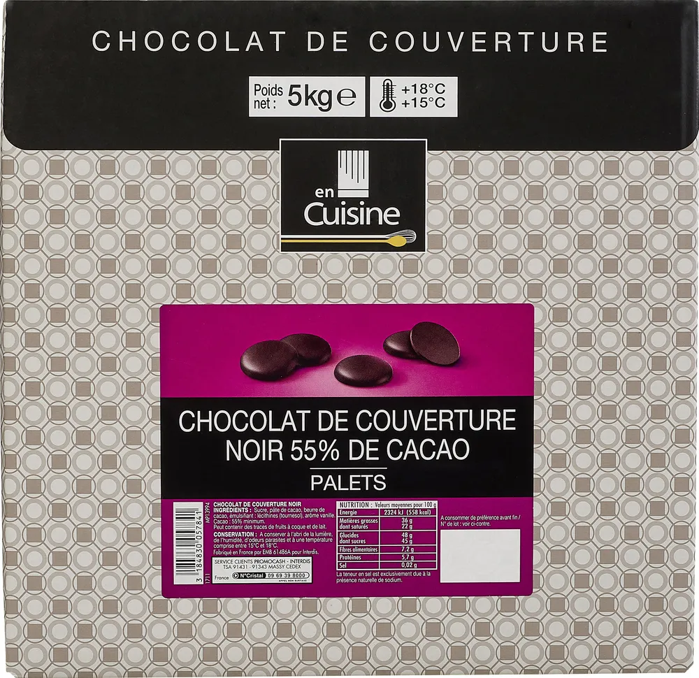 Chocolat de couverture noir 55% de cacao palets