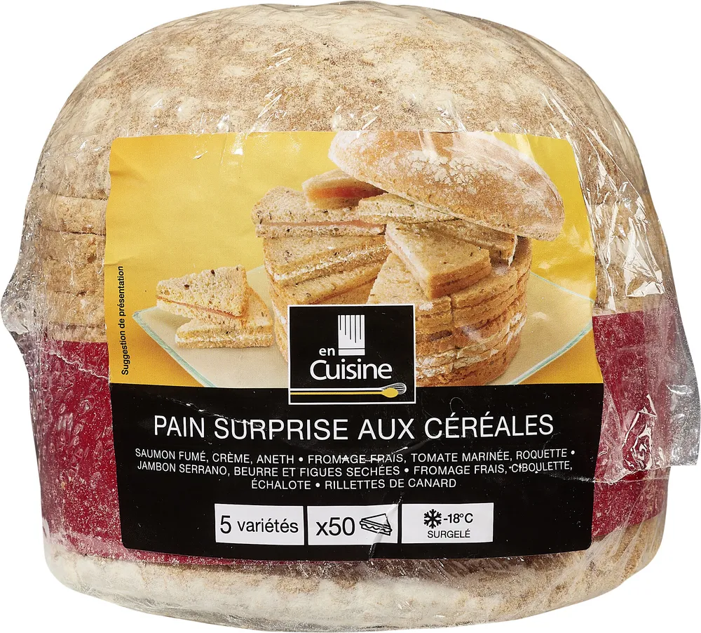 Pain Surprise aux céréales Thon & tomate mi-séchées Fromage frais & fruits secs Fromage blanc & concombre Saumons & citrons confits Fromage frais, jambon Serrano & cornichon