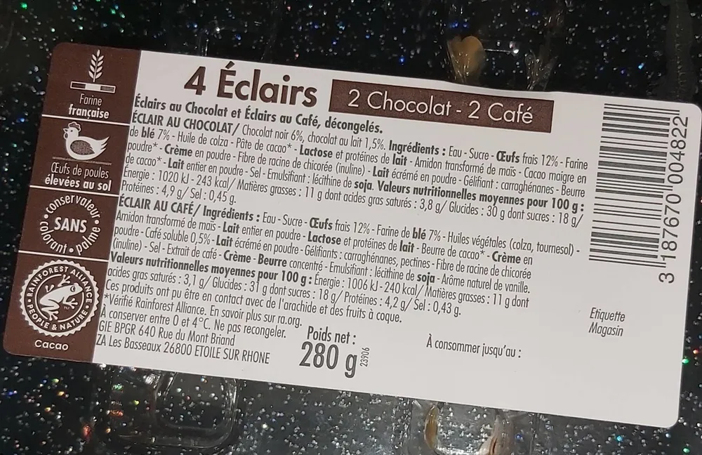 4 éclairs 2 chocolat  2 café