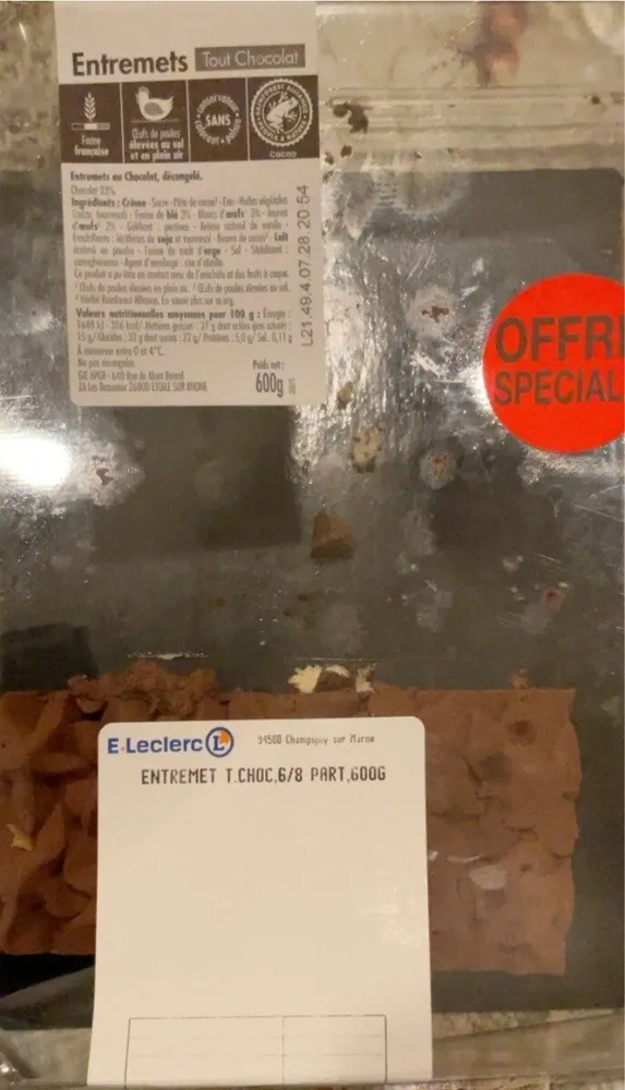 Entremets tous chocolat,6/8 part, 600g