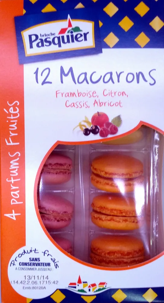 12 Macarons Framboise, Citron, Cassis, Abricot