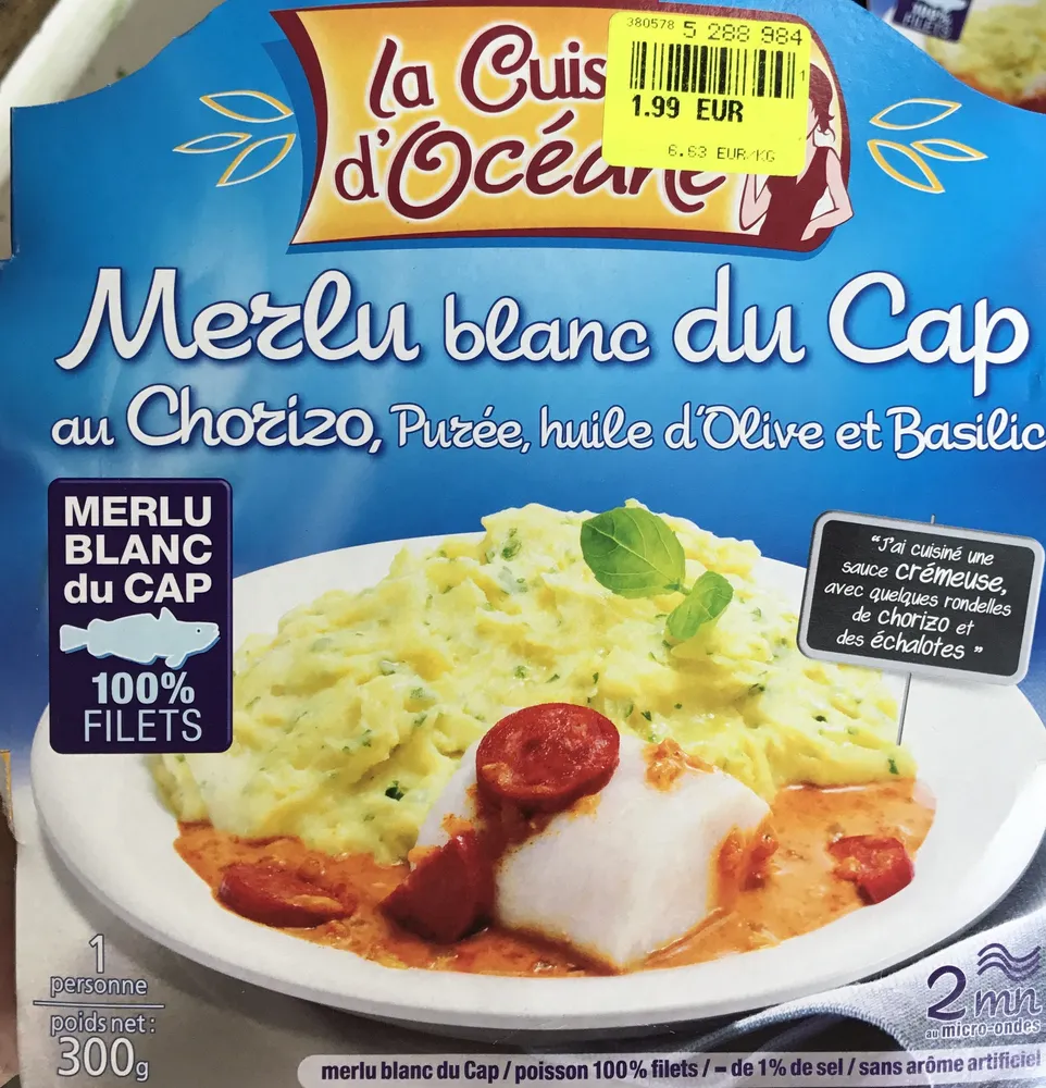 Merlu blanc du Cap au Chorizo, purée, huile d'olive et basilic