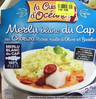 Merlu blanc du Cap au Chorizo, purée, huile d'olive et basilic