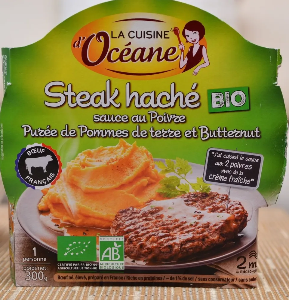 Steak Haché, Sauce au Poivre et Purée de Pommes de Terre et Butternut Bio