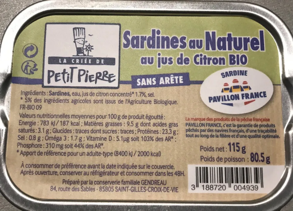 Sardine au naturel au jus de citron bio