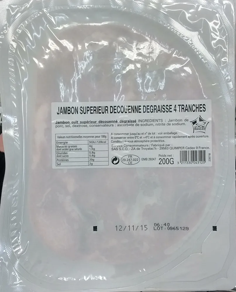 Jambon supérieur découenné dégraissé 4 tranches