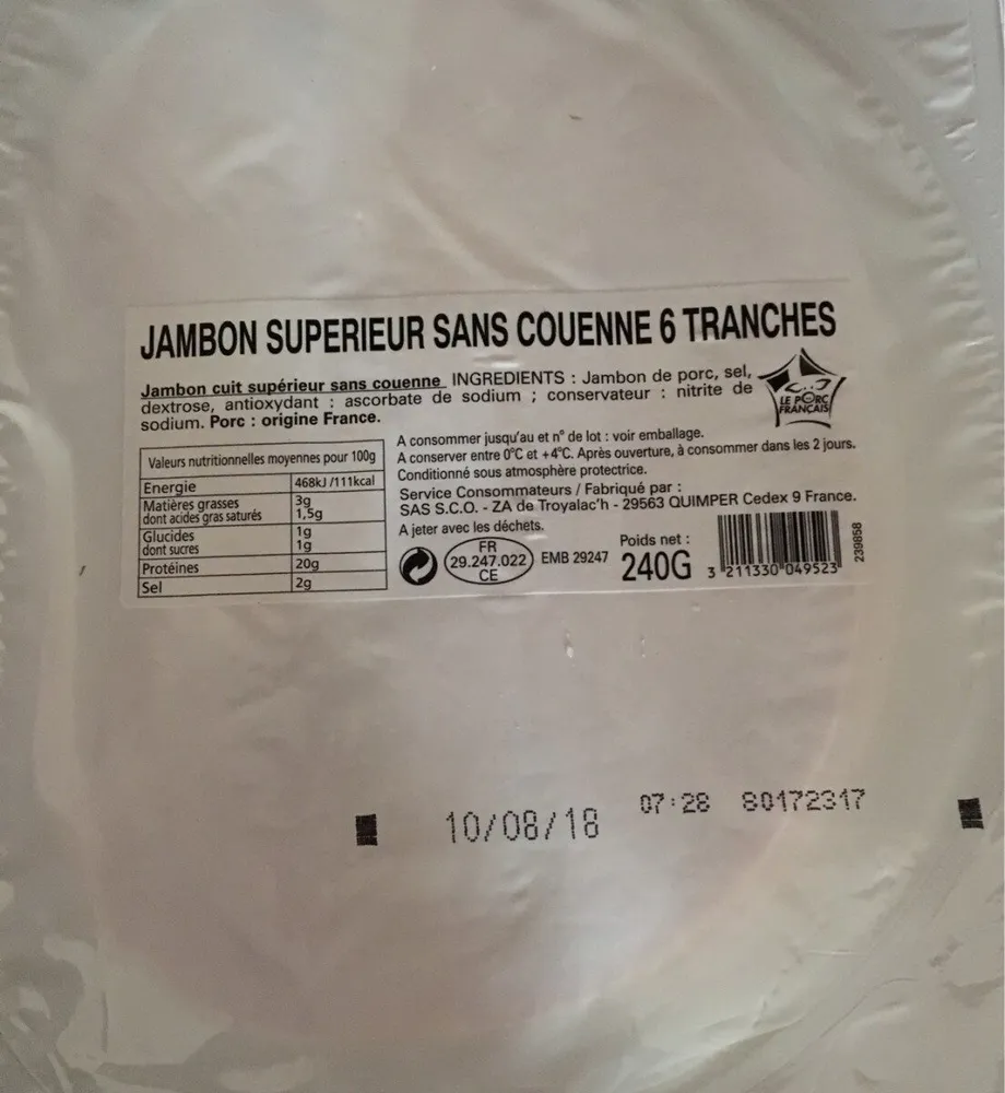Jambon supérieur découenné dégraissé