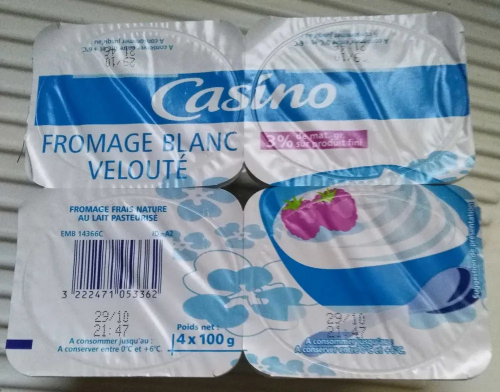 Fromage blanc velouté 3% de mat. gr. sur produit fini
