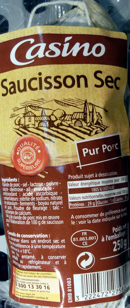 Saucisson sec pur porc qualité supérieure