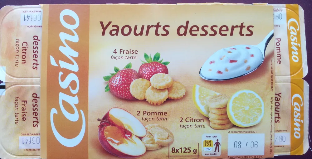 Yaourts desserts : 4 Fraise façon tarte, 2 Citron façon tarte, 2 Pomme façon tarte.
