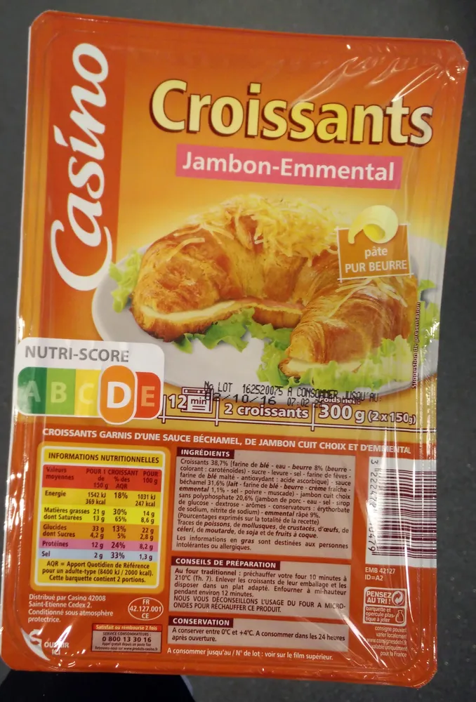 CROISSANTS JAMBON EMMENTAL X 2 CROISSANTS Pâte pur beurre