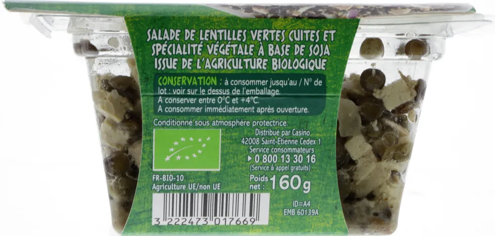 Lentilles vertes tofu fumé frais et oignons rouges