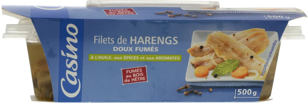 Filets de harengs fumés doux à l'huile, aux aromates et aux épices