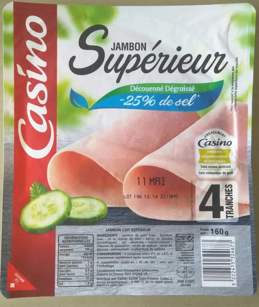 Jambon Supérieur découenné dégraissé -25% de sel par rapport à la moyenne des jambons cuits supérieurs du marché