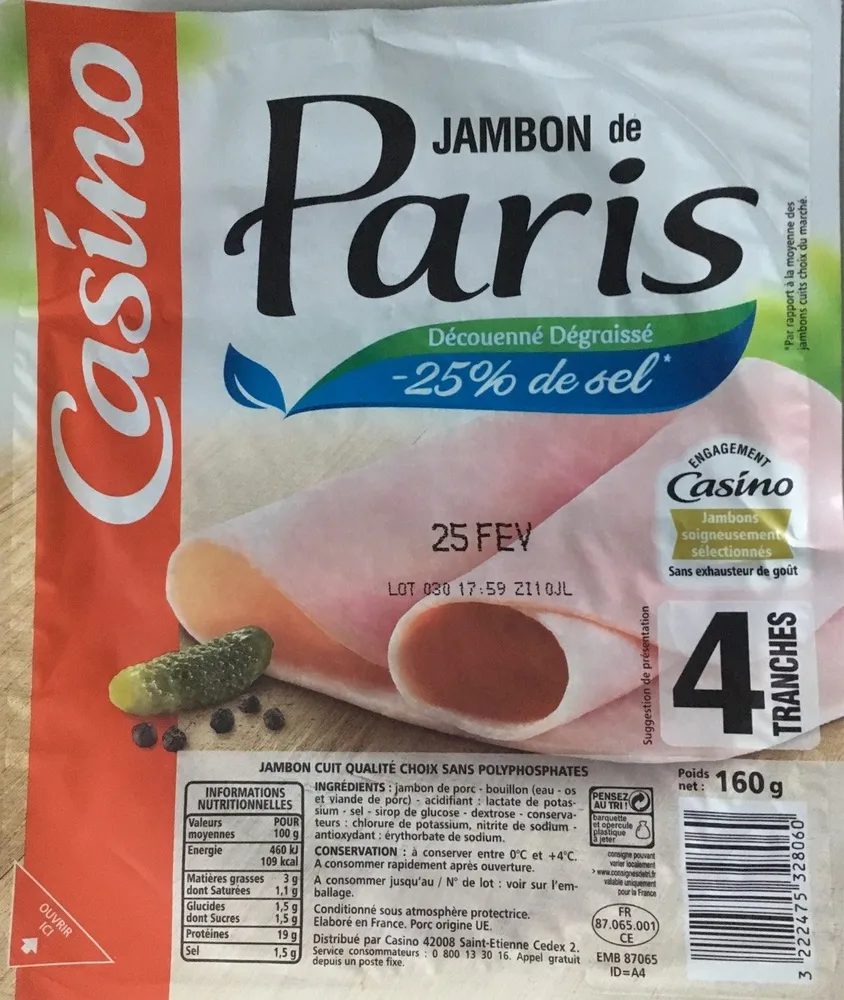 Jambon de Paris découenné dégraissé -25% de sel par rapport à la moyenne des jambons cuits choix du marché
