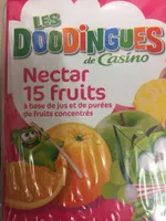 Nectar de 15 fruits à base de jus et de purées de fruits concentrés, source de 10 vitamines, teneur en fruits : 57 % minimum.
