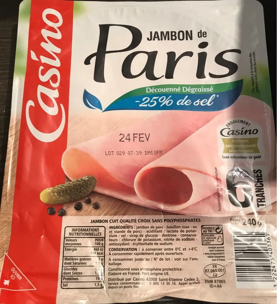 Jambon de Paris découenné dégraissé -25% de sel par rapport à la moyenne des jambons cuits choix du marché