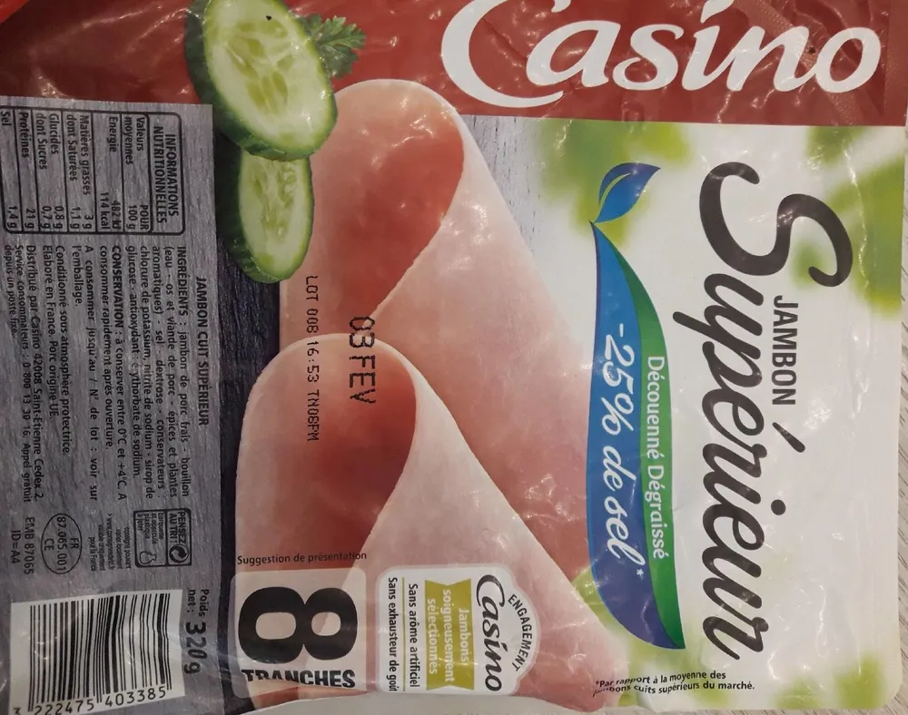 Jambon Supérieur découenné dégraissé -25% de sel par rapport à la moyenne des jambons cuits supérieurs du marché