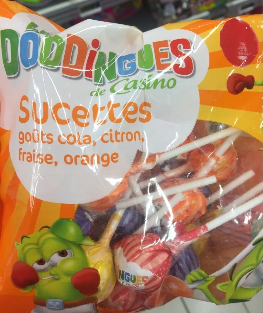 Sucettes goûts cola, citron, crème fraise, orange
