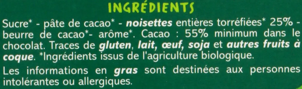 Chocolat noir noisettes entières