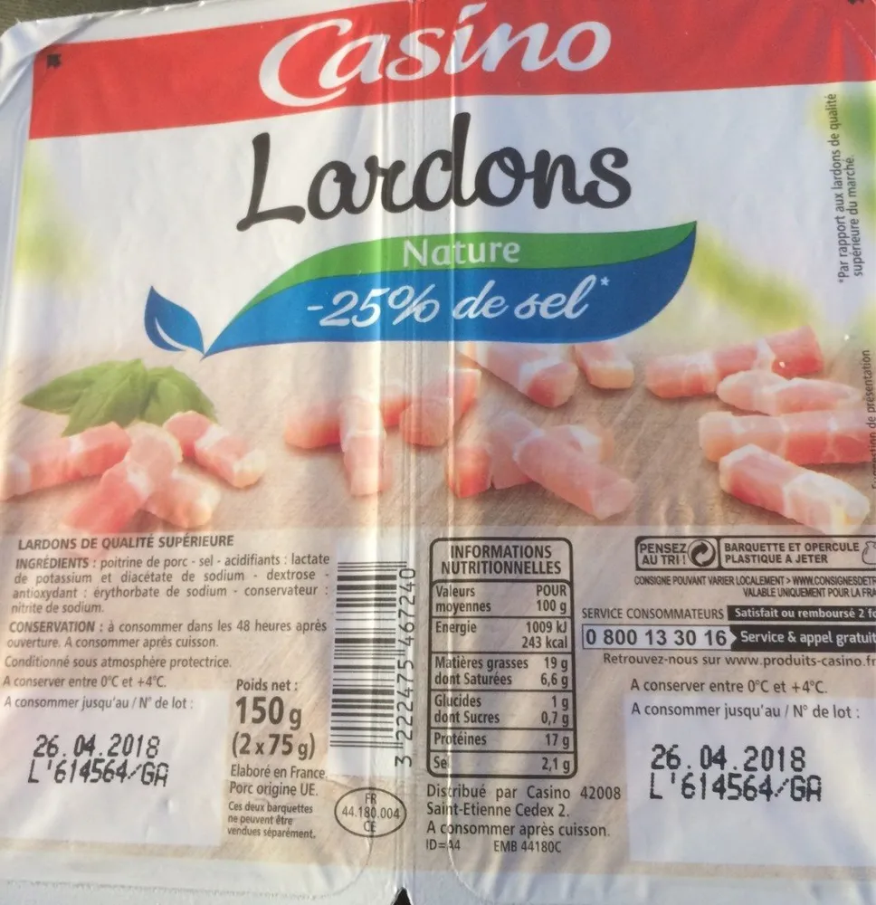 Lardons nature 25% de sel en moins