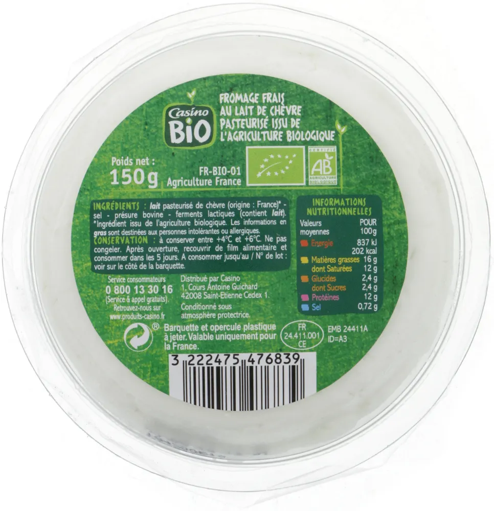 Fromage frais au lait de chèvre pasteurisé BIO