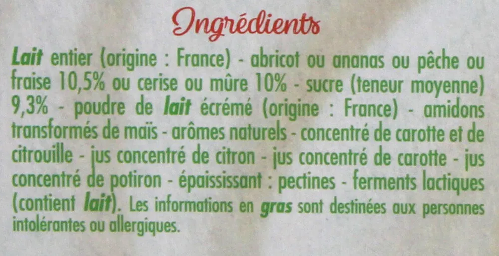 Yaourts aux fruits - Framboise, ananas, abricot, cerise, fraise, pêche