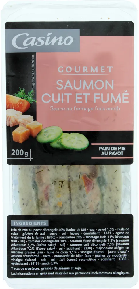 Saumon cuit et fumé Sauce fromage frais aneth Pain de mie au pavot