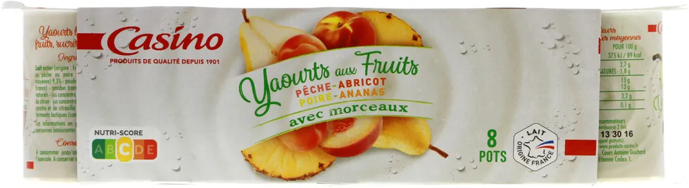 Yaourt aux fruits pêche - abricot - poire - ananas avec morceaux