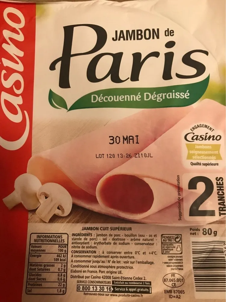 Jambon de Paris supérieure Découenné Dégraissé 2 tranches