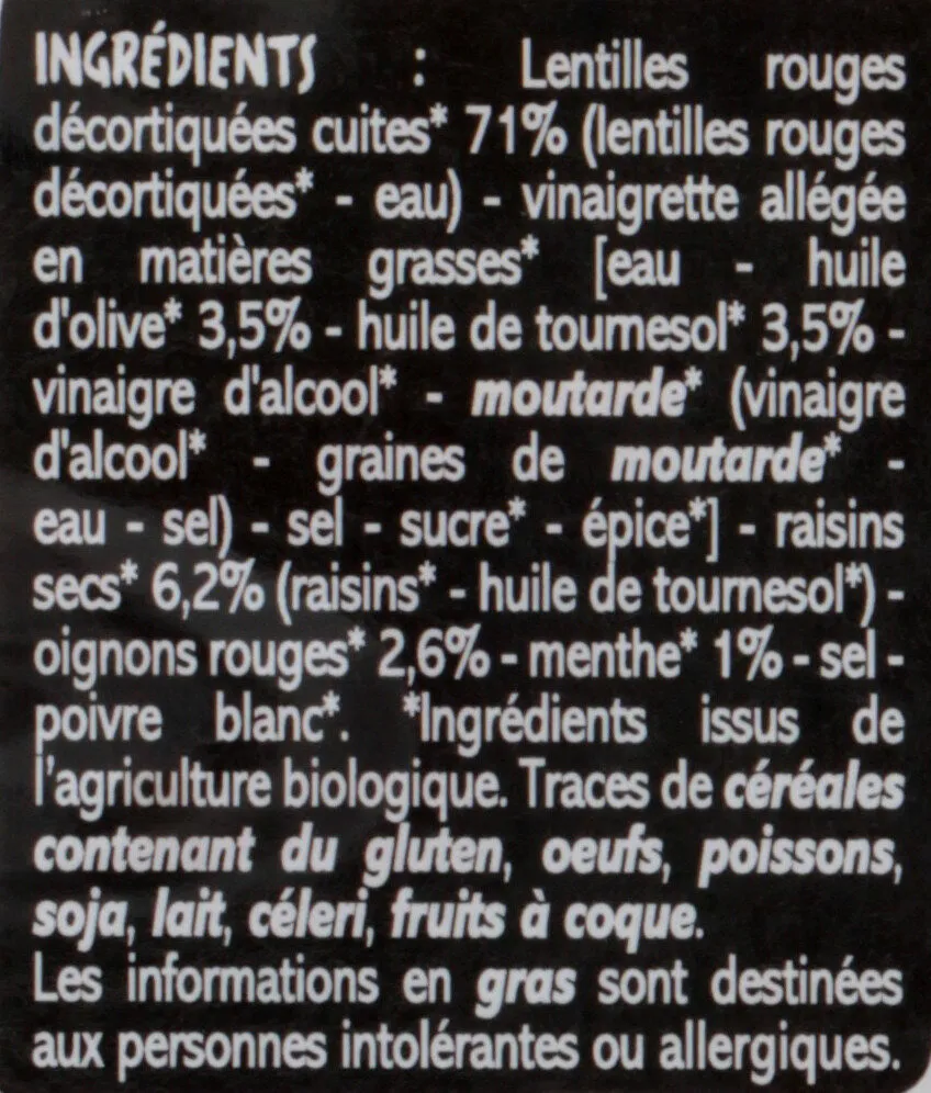 Salade de lentilles corail aux raisins secs