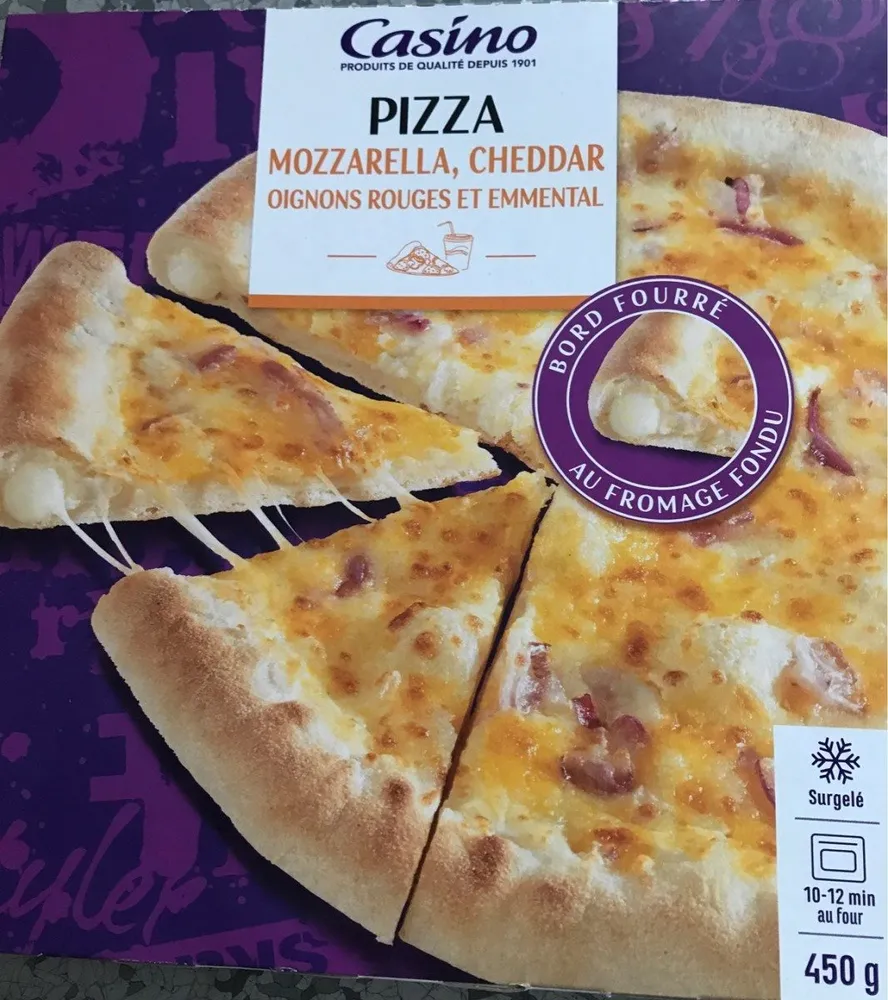 Pizza mozzarella, cheddar, oignons rouges et emmental avec bord fourré au fromage fondu