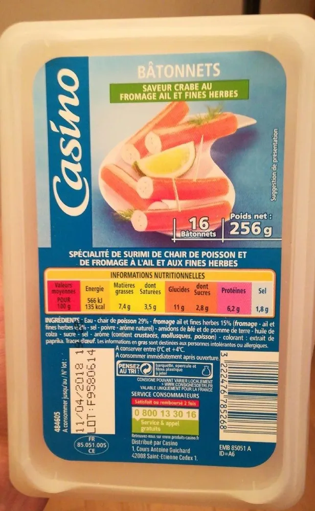 Bâtonnets saveur crabe au fromage ail et fines herbes