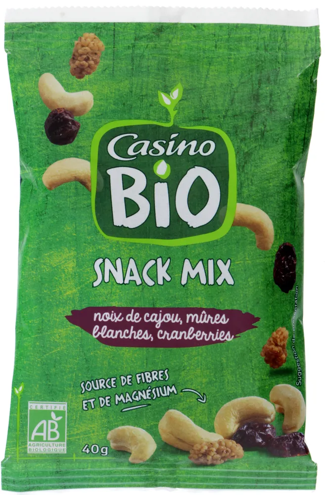 Snack mix Noix de cajou Mûres blanches Cranberries