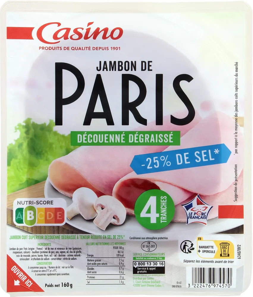 Jambon de Paris Découenné Dégraissé -25% de sel - 4 Tranches