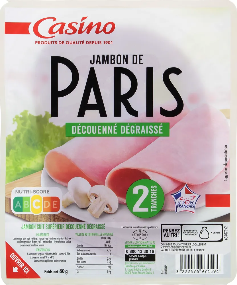 Jambon de Paris Découenné Dégraissé 2 tranches