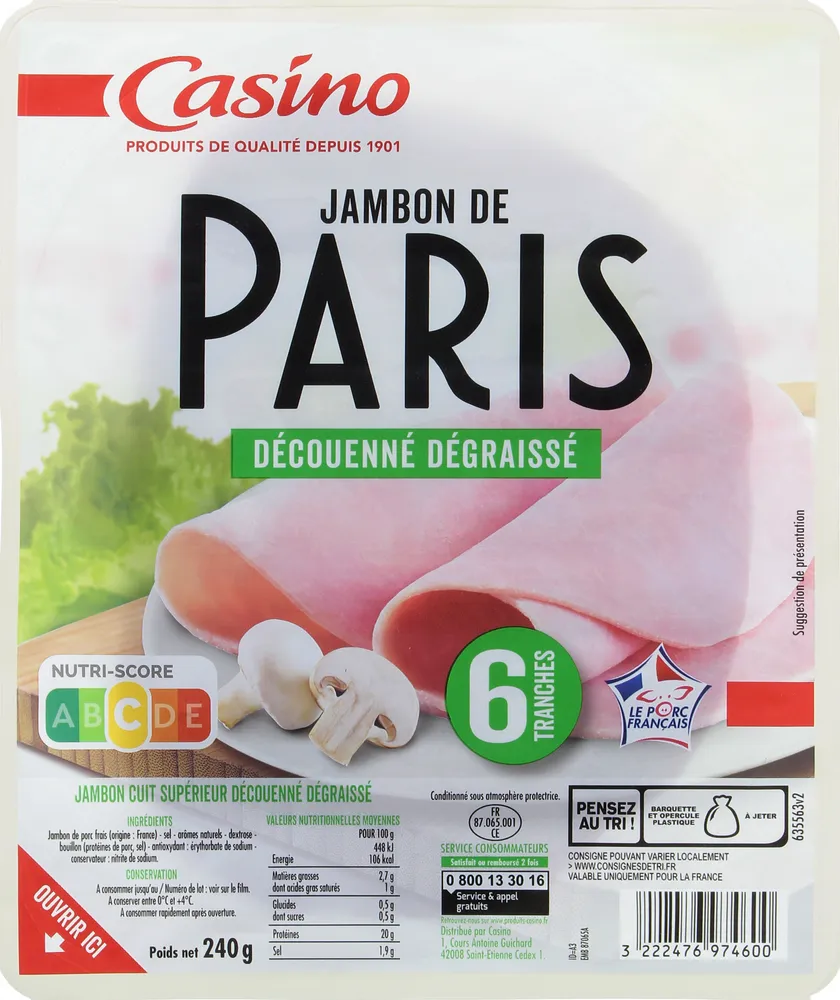 Jambon de Paris Découenné Dégraissé 6 tranches
