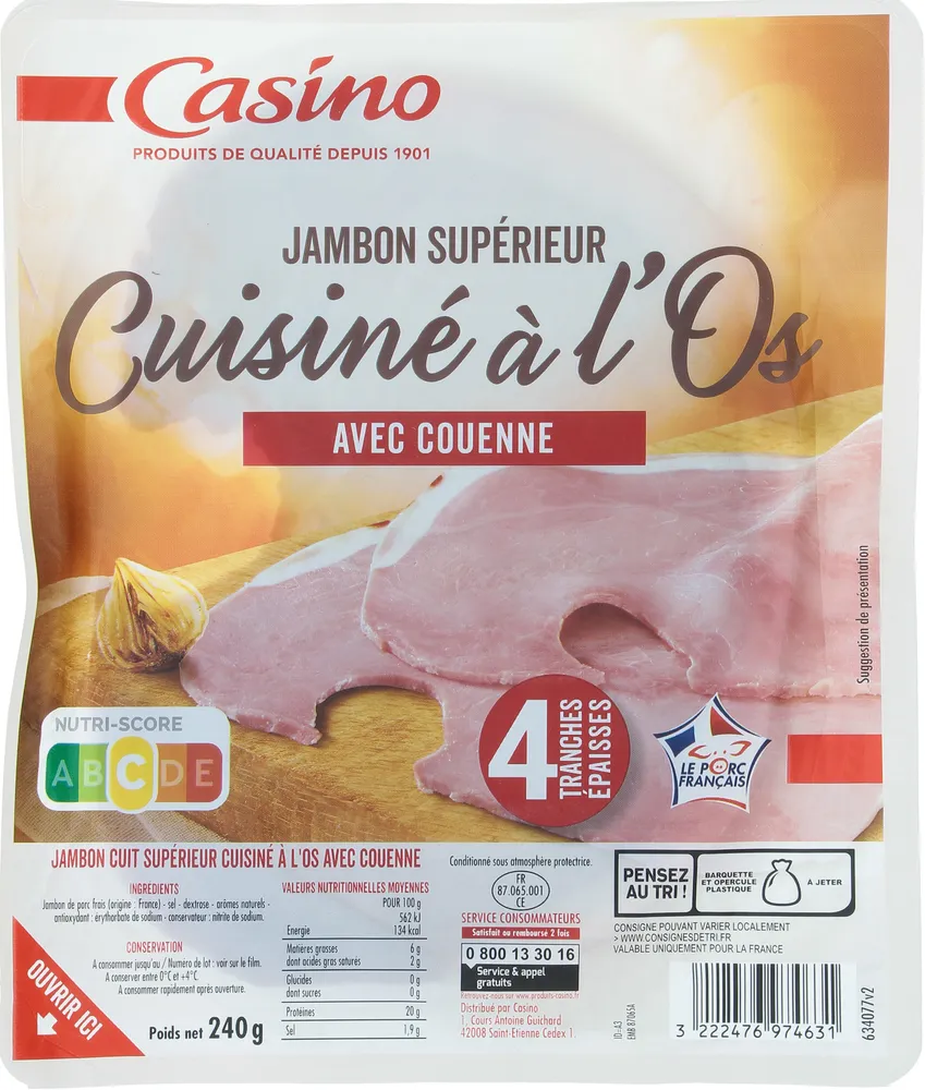 Jambon supérieur cuisiné à l'os avec couenne