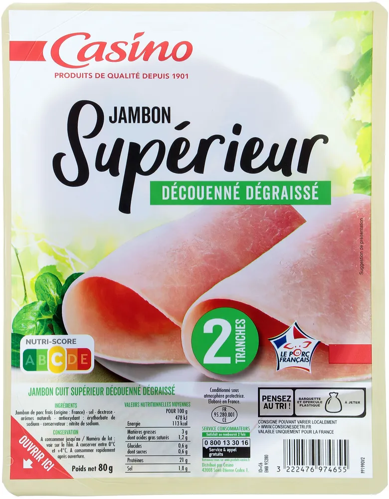 Jambon Supérieur Découenné Dégraissé 2 tranches