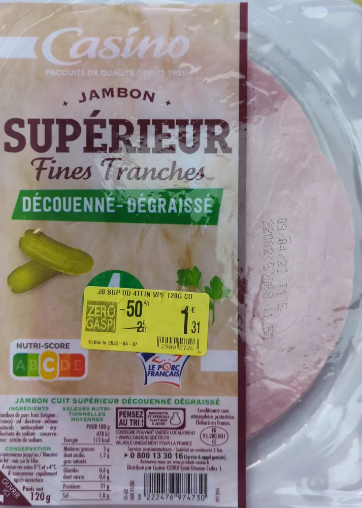 Jambon supérieur 4 fines tranches découenné dégraissé VPF