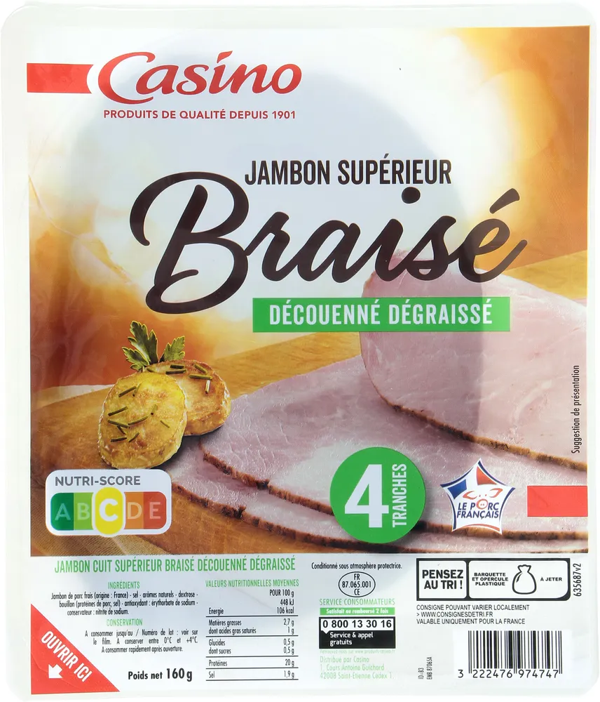 Jambon supérieur braisé découenné dégraissé 4 tranches