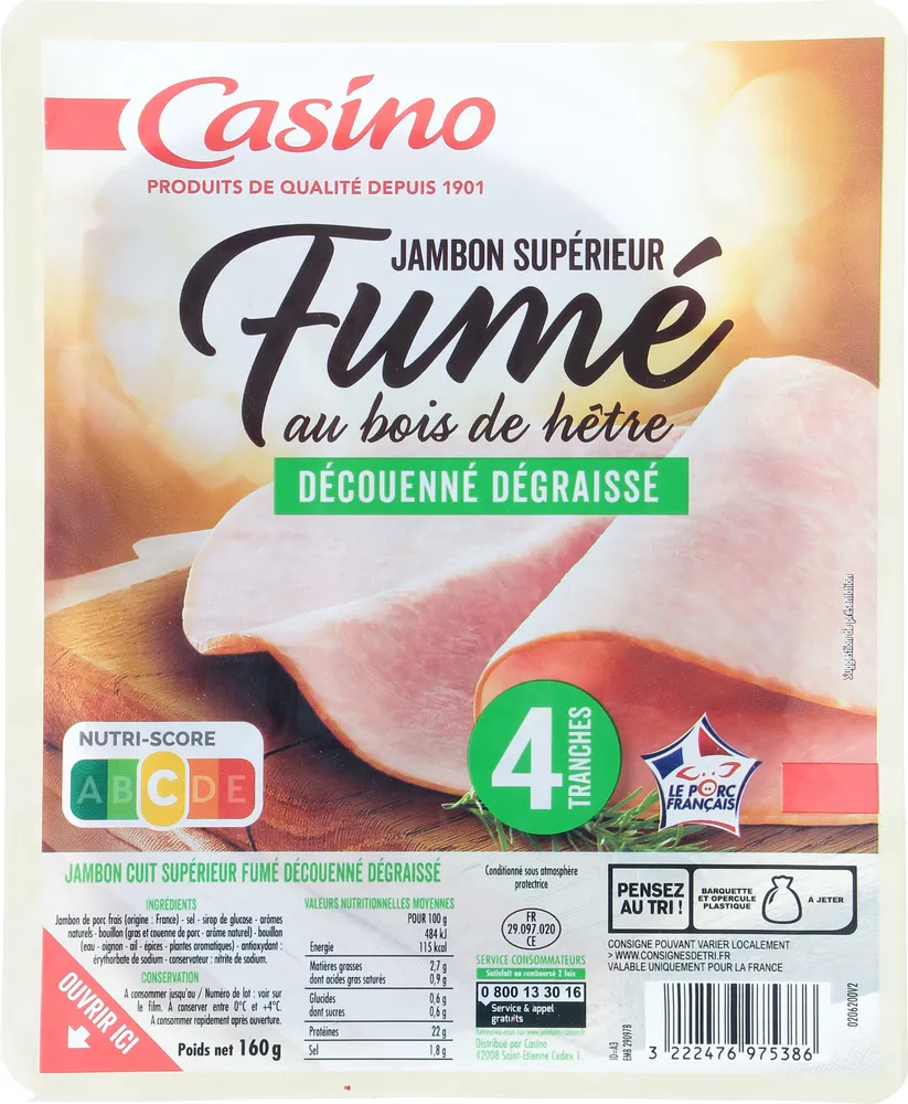 Jambon supérieur fumé au bois de hêtre découenné dégraissé