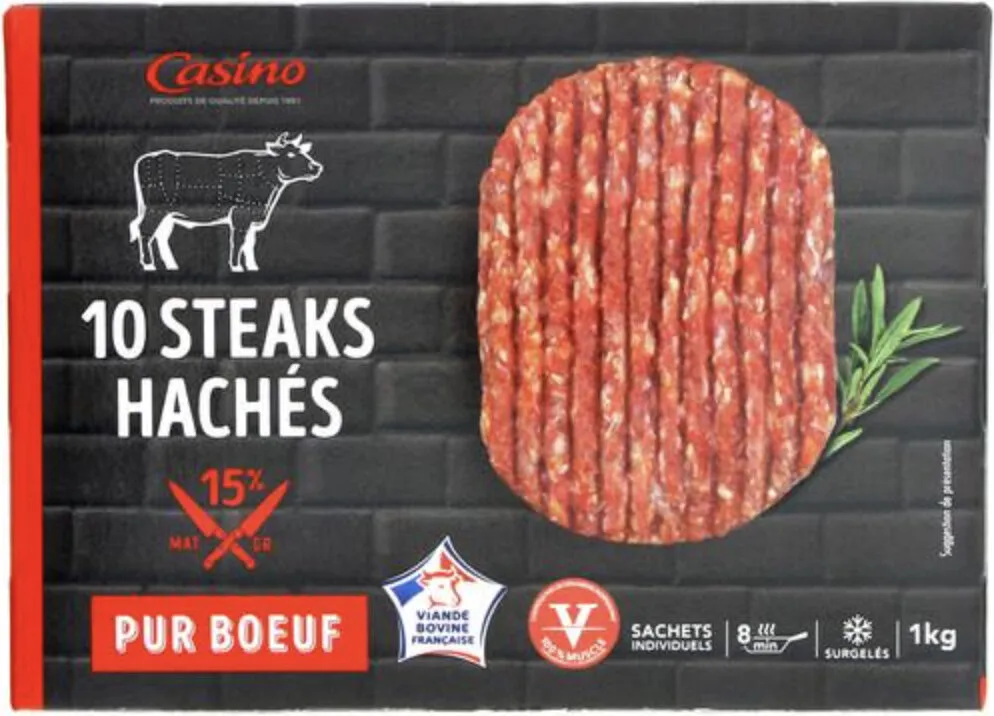 10 Steaks hachés pur boeuf surgelés  15% mat Gr