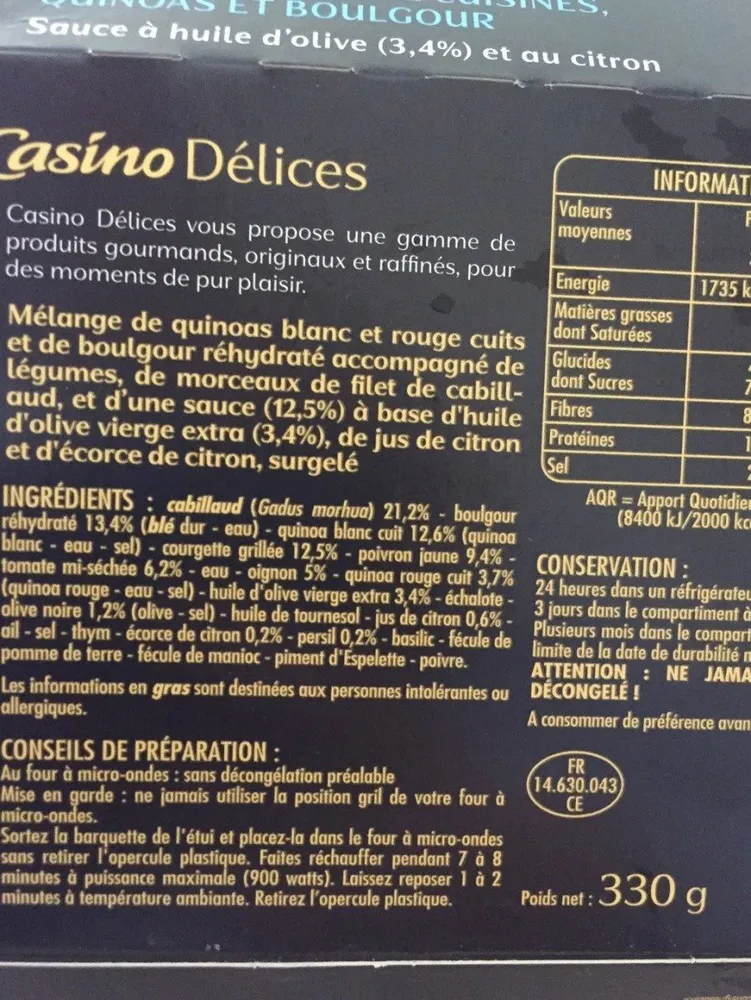 Le Savoureux Cabillaud, légumes du soleil cuisinés, quinoas et boulgour - Sauce à l'huile d'olive (3,4%) et au citron