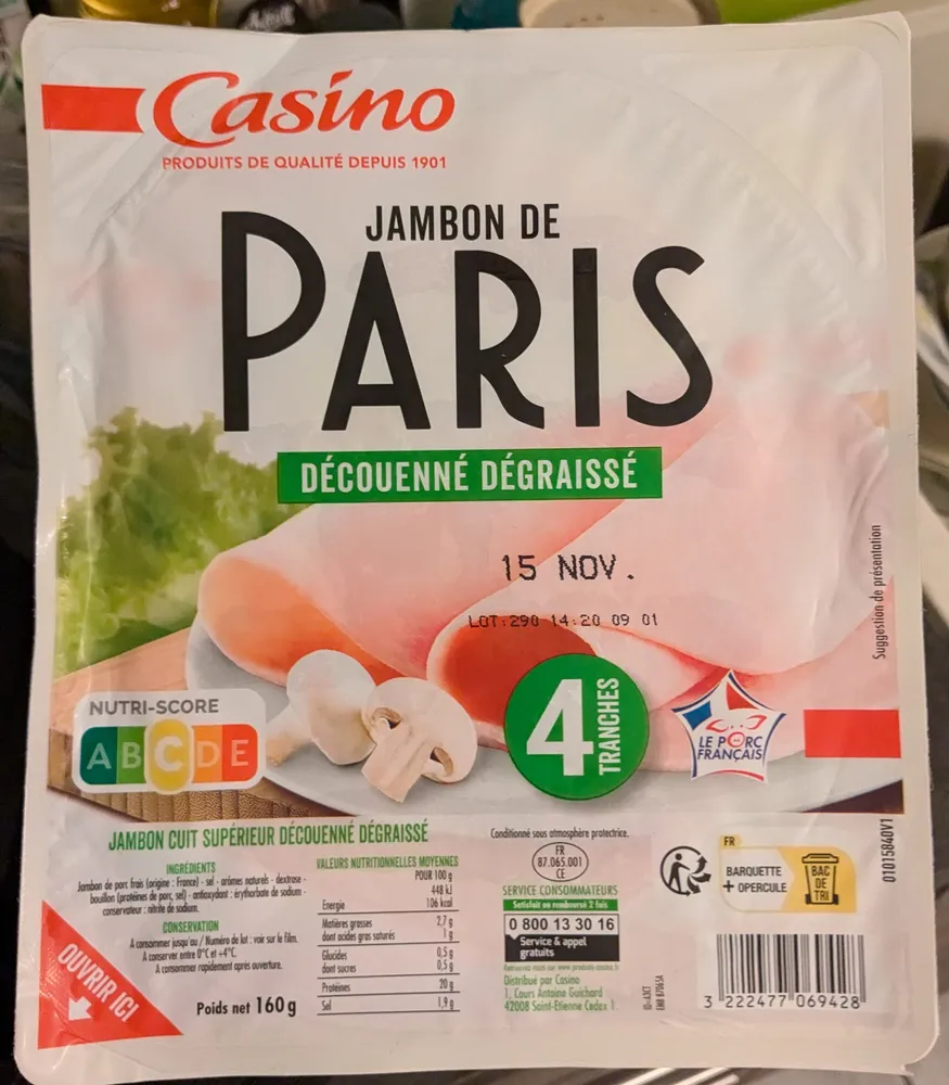 Jambon de Paris découenné dégraissé VPF